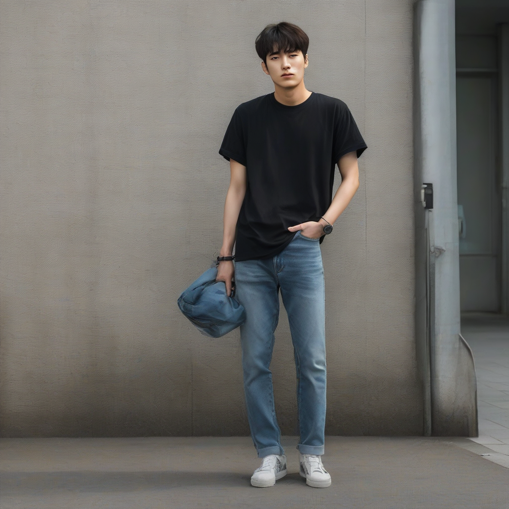 a korean man stands firmly facing the camera wearing a black t shirt and jeans by मुफ्त एआई छवि जनरेटर - बिना लॉगिन के✨ | AIGAZOU