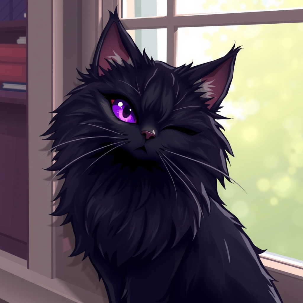 a gibli style black cat with one eye closed looking at you long hair sitting by the window purple eyes by मुफ्त एआई छवि जनरेटर - बिना लॉगिन के✨ | AIGAZOU