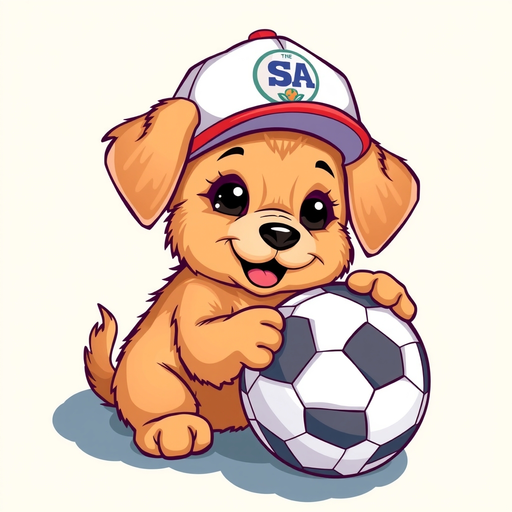 adorable puppy holding soccer ball wearing hat with school emblem by मुफ्त एआई छवि जनरेटर - बिना लॉगिन के✨ | AIGAZOU