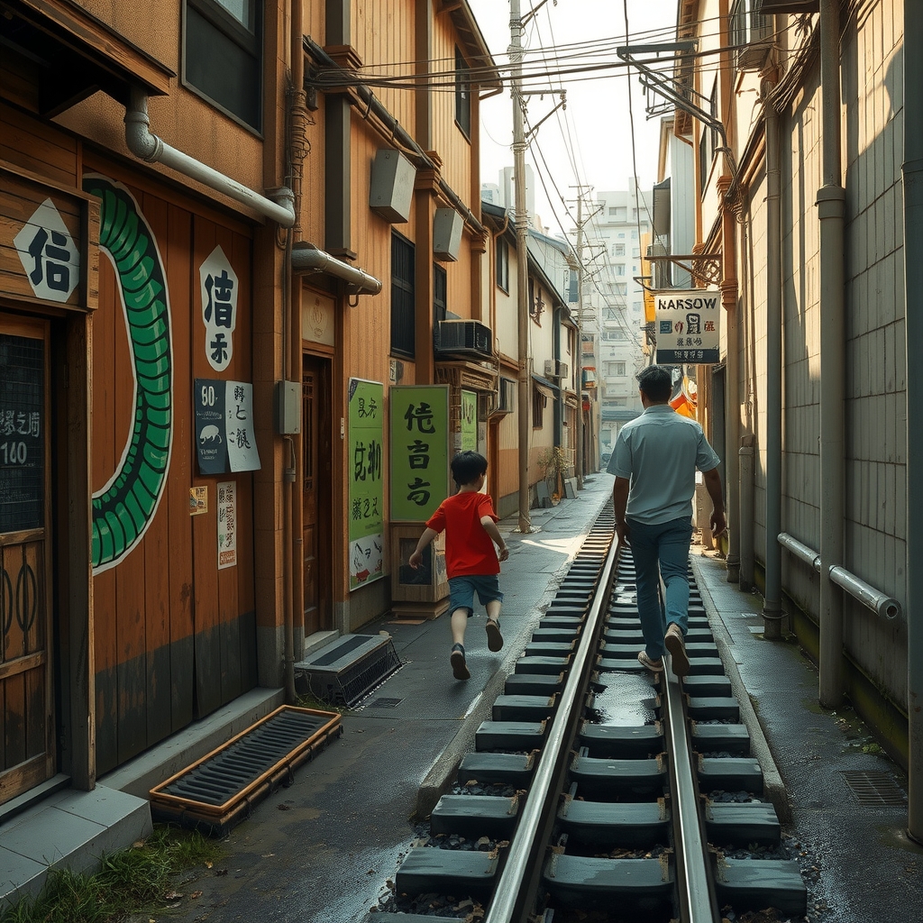 a man walking along a railroad track in a rural area surrounded by a narrow alleyway in a quiet japanese by Générateur d'images par IA gratuit - Aucune connexion nécessaire✨ | AIGAZOU