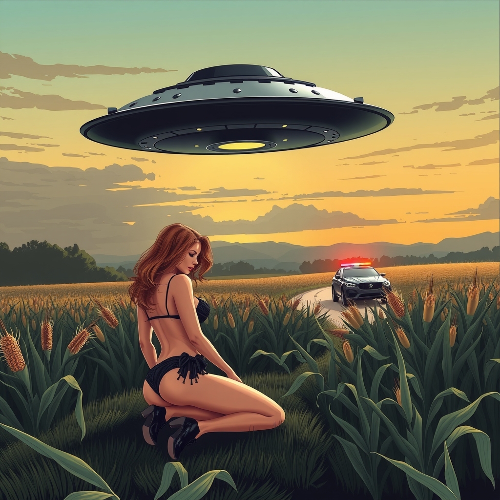 ufo over a cornfield horizon police car with blue light by मुफ्त एआई छवि जनरेटर - बिना लॉगिन के✨ | AIGAZOU