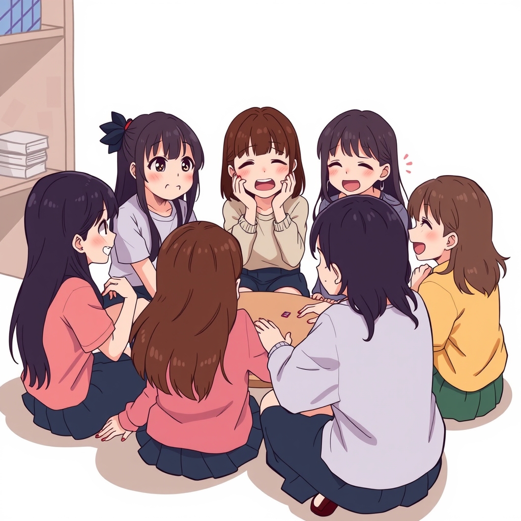 six girls sit in circle playing game one cries loudly by Générateur d'images par IA gratuit - Aucune connexion nécessaire✨ | AIGAZOU