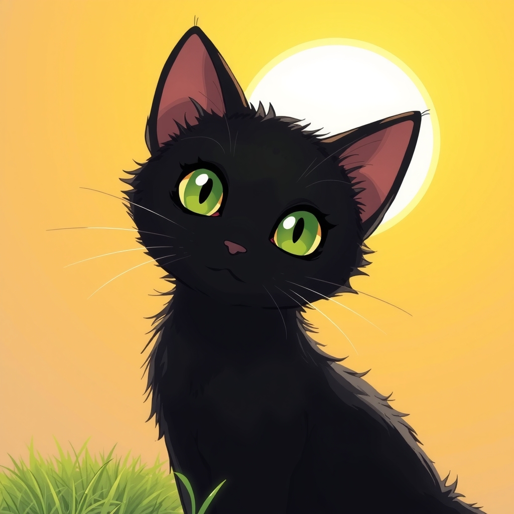 gibli style drawing black cat watching short hair sitting in front of sun bright green eyes by मुफ्त एआई छवि जनरेटर - बिना लॉगिन के✨ | AIGAZOU