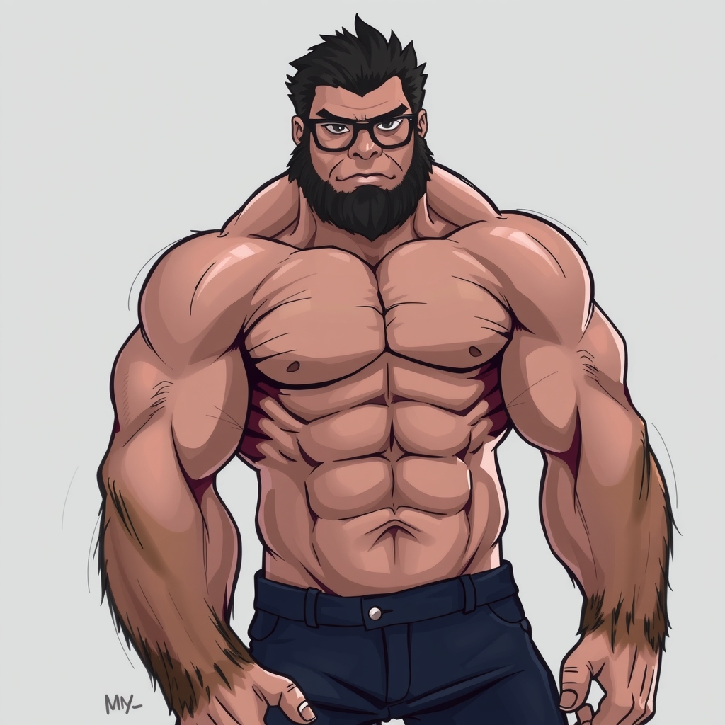 muscular body male 30s gorilla like black hair glasses facing front by أداة مجانية لإنشاء الصور بالذكاء الاصطناعي - إنشاء الصور بدون تسجيل الدخول | AIGAZOU