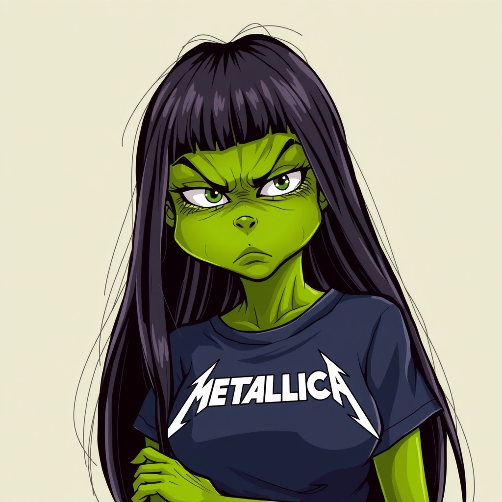 a beautiful female grinch with long black straight hair wearing a metallica shirt without any christmas elements by मुफ्त एआई छवि जनरेटर - बिना लॉगिन के✨ | AIGAZOU