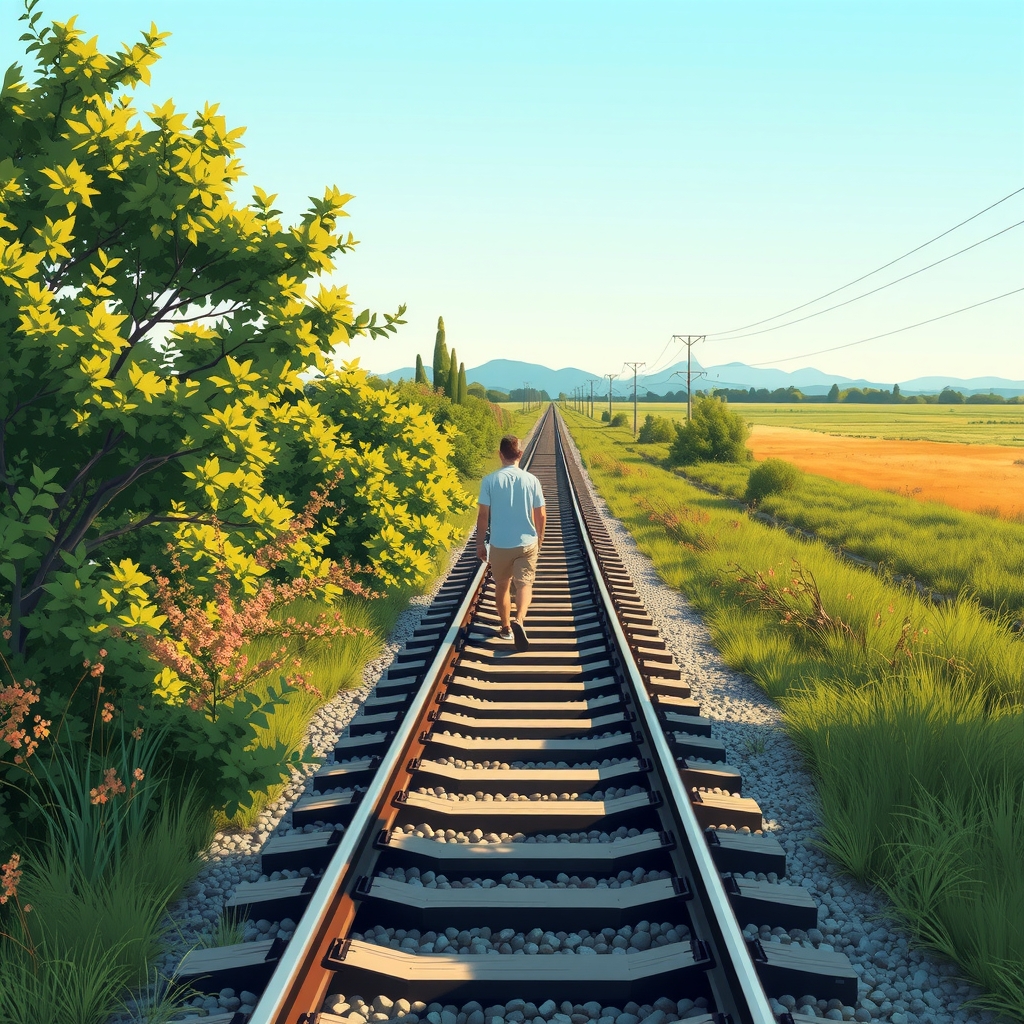 man walking railroad track rural area lush greenery by मुफ्त एआई छवि जनरेटर - बिना लॉगिन के✨ | AIGAZOU