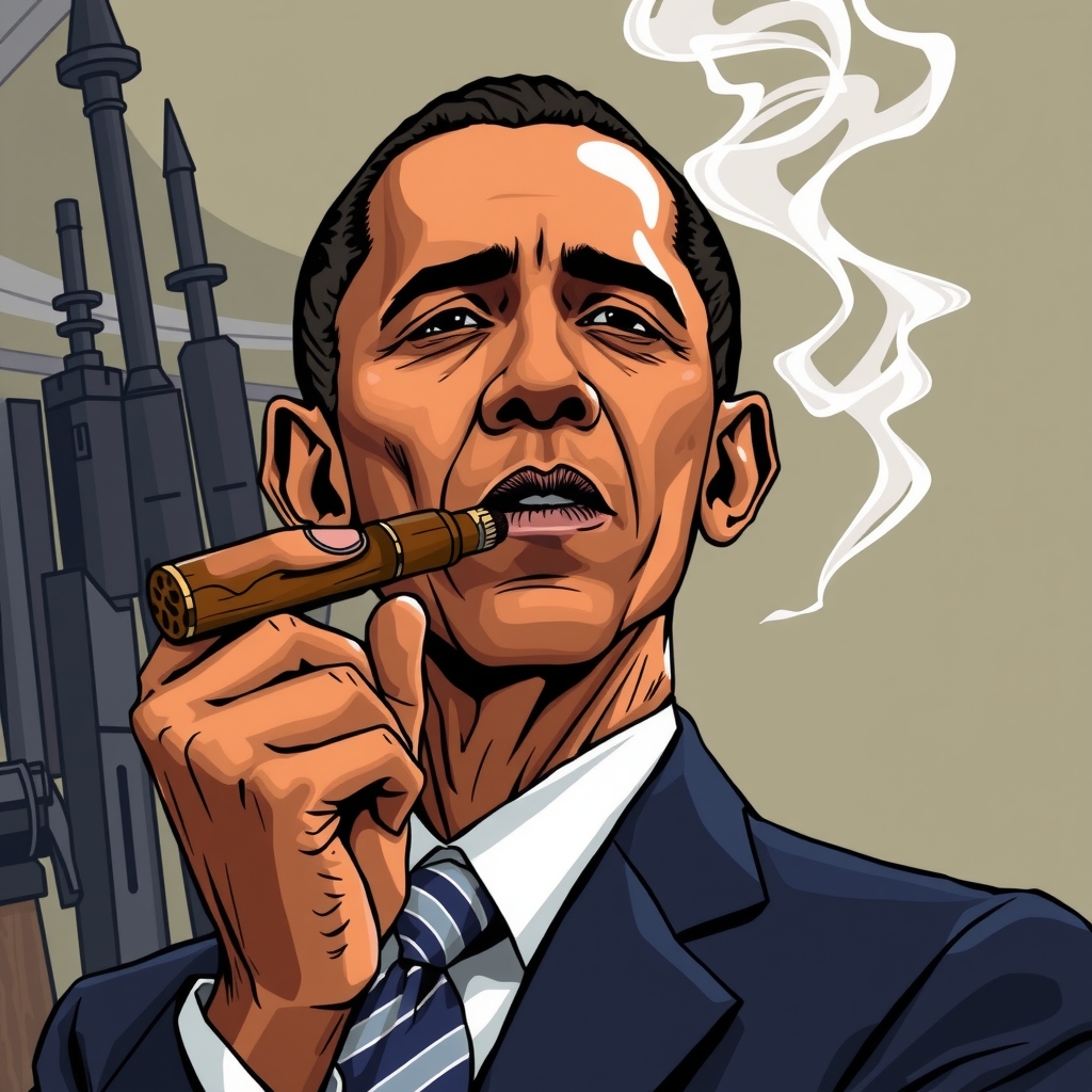 barack obama selling weapons smoking cigar by मुफ्त एआई छवि जनरेटर - बिना लॉगिन के✨ | AIGAZOU