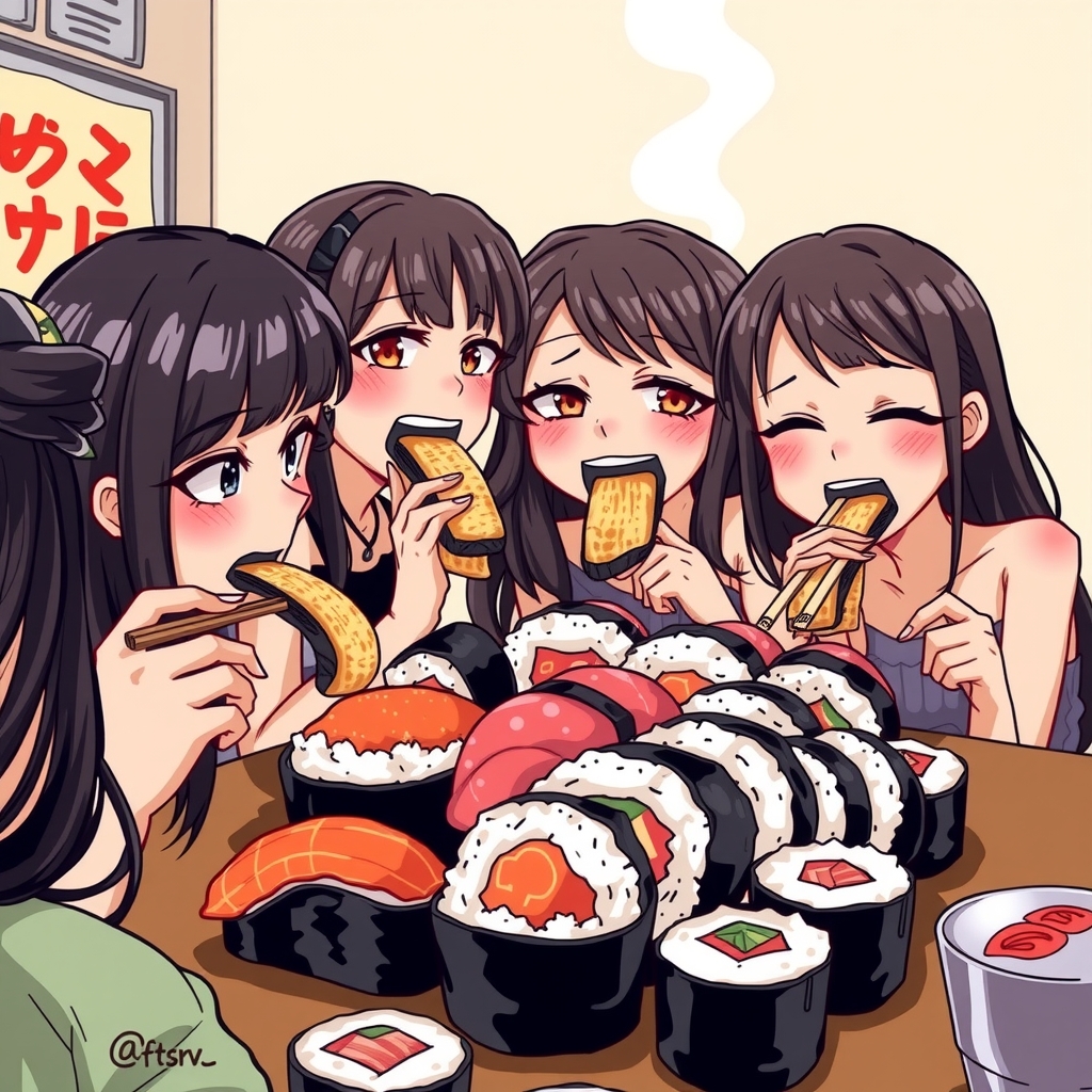 four dark haired funny girls eat lots of sushi extremely funny depicted big mouth by मुफ्त एआई छवि जनरेटर - बिना लॉगिन के✨ | AIGAZOU