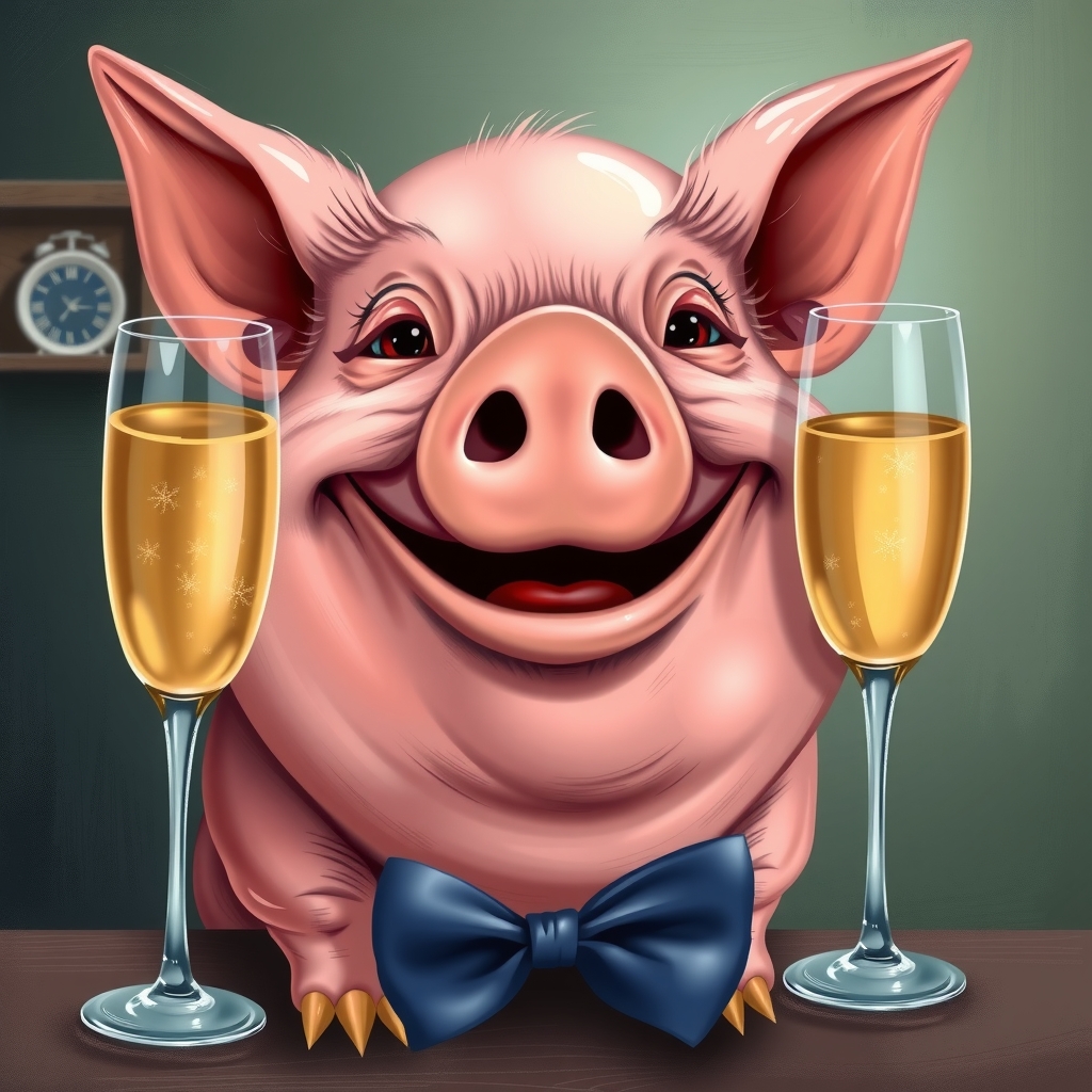 a smiling pig with ribbon and 2 glasses of champagne by मुफ्त एआई छवि जनरेटर - बिना लॉगिन के✨ | AIGAZOU