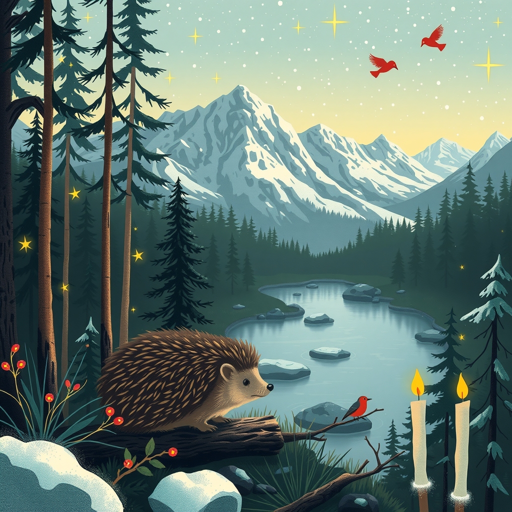 forrest lake mountains hedgehog small birds stars christmas candles advent winter trees by मुफ्त एआई छवि जनरेटर - बिना लॉगिन के✨ | AIGAZOU