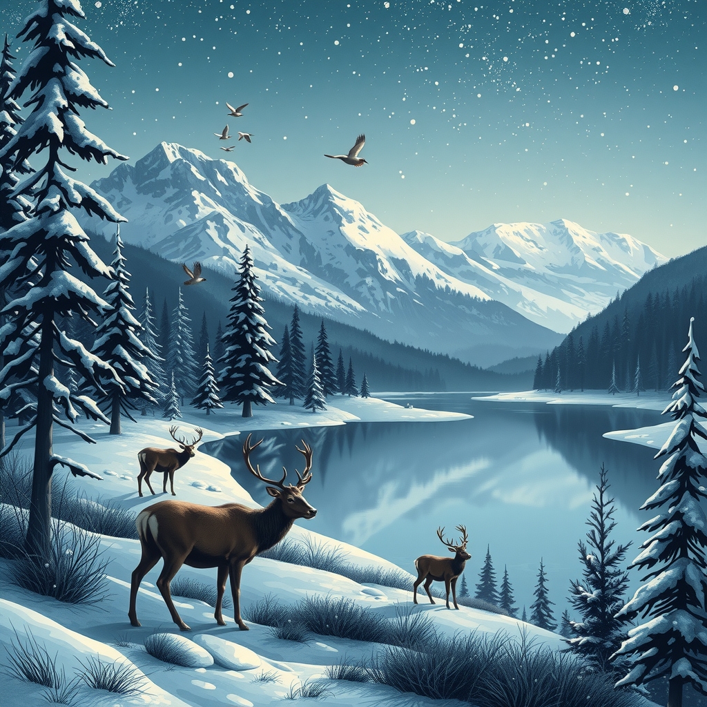 forrest with a lake in the mountains deers small birds stars winter trees by मुफ्त एआई छवि जनरेटर - बिना लॉगिन के✨ | AIGAZOU