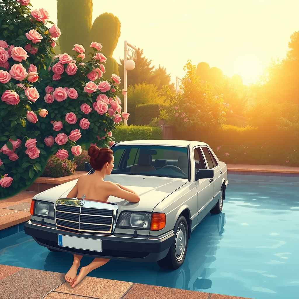 a mercedes w124 230e in a rose garden early morning by मुफ्त एआई छवि जनरेटर - बिना लॉगिन के✨ | AIGAZOU