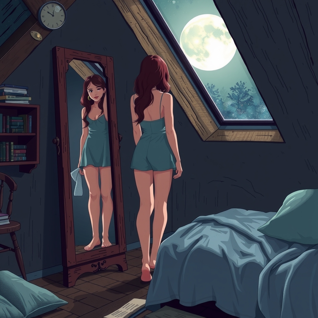 a barefoot 20 year old woman admires herself in the mirror in a moonlit attic by मुफ्त एआई छवि जनरेटर - बिना लॉगिन के✨ | AIGAZOU