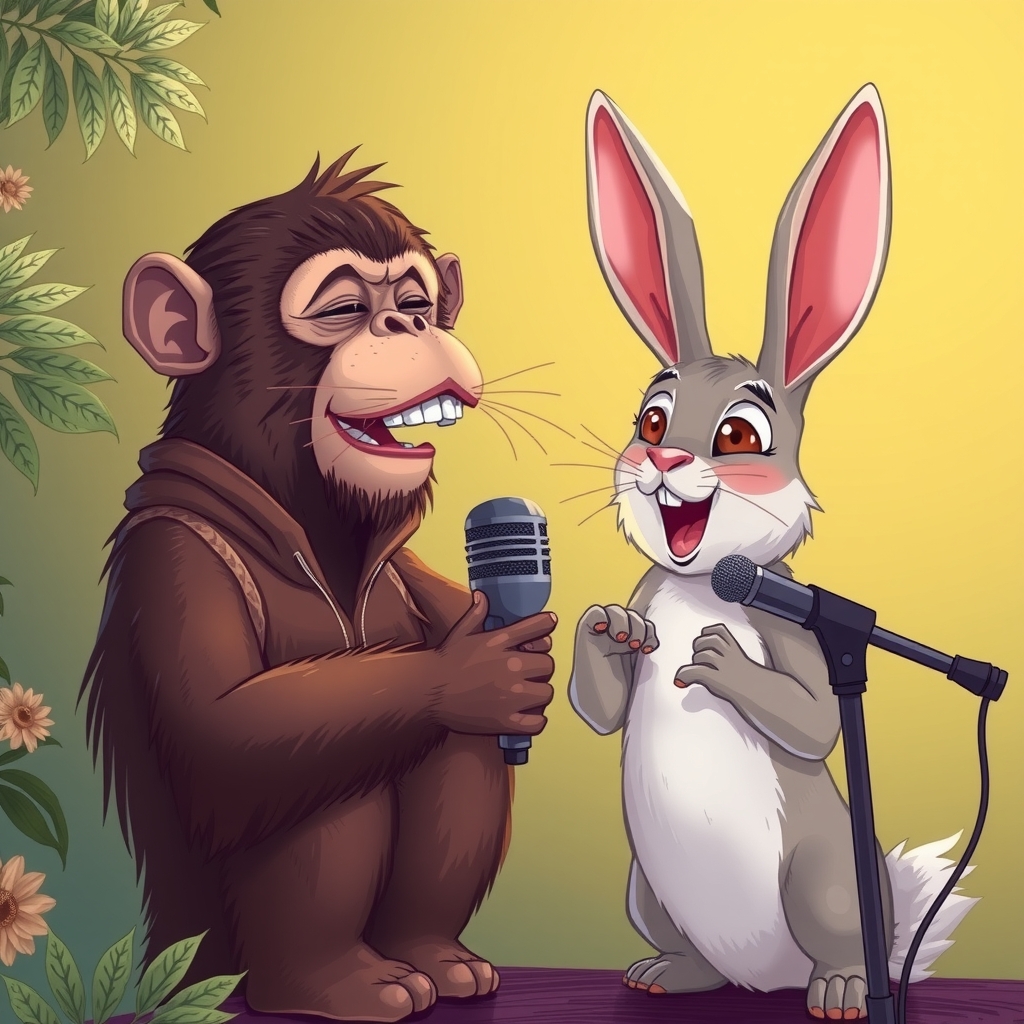 monkeys and rabbits lip syncing to a song in front of a microphone by मुफ्त एआई छवि जनरेटर - बिना लॉगिन के✨ | AIGAZOU