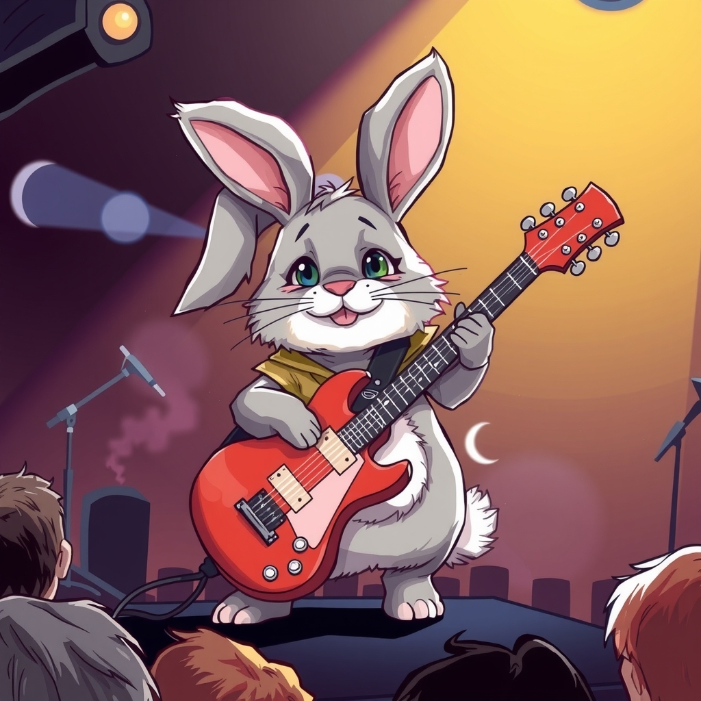 gray angora rabbit with droopy ears rocking out on stage by मुफ्त एआई छवि जनरेटर - बिना लॉगिन के✨ | AIGAZOU