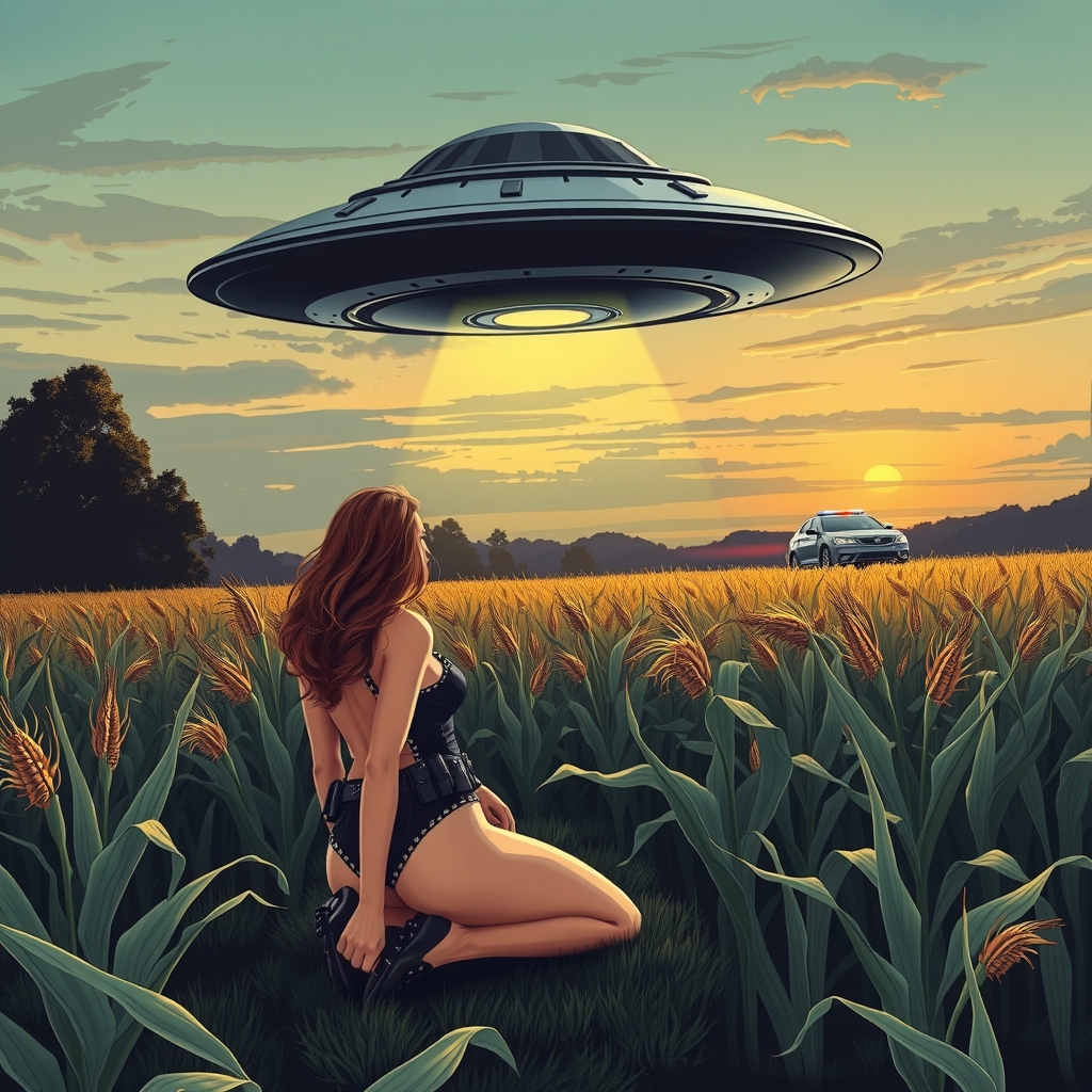 ufo over a cornfield horizon police car with blue light by मुफ्त एआई छवि जनरेटर - बिना लॉगिन के✨ | AIGAZOU