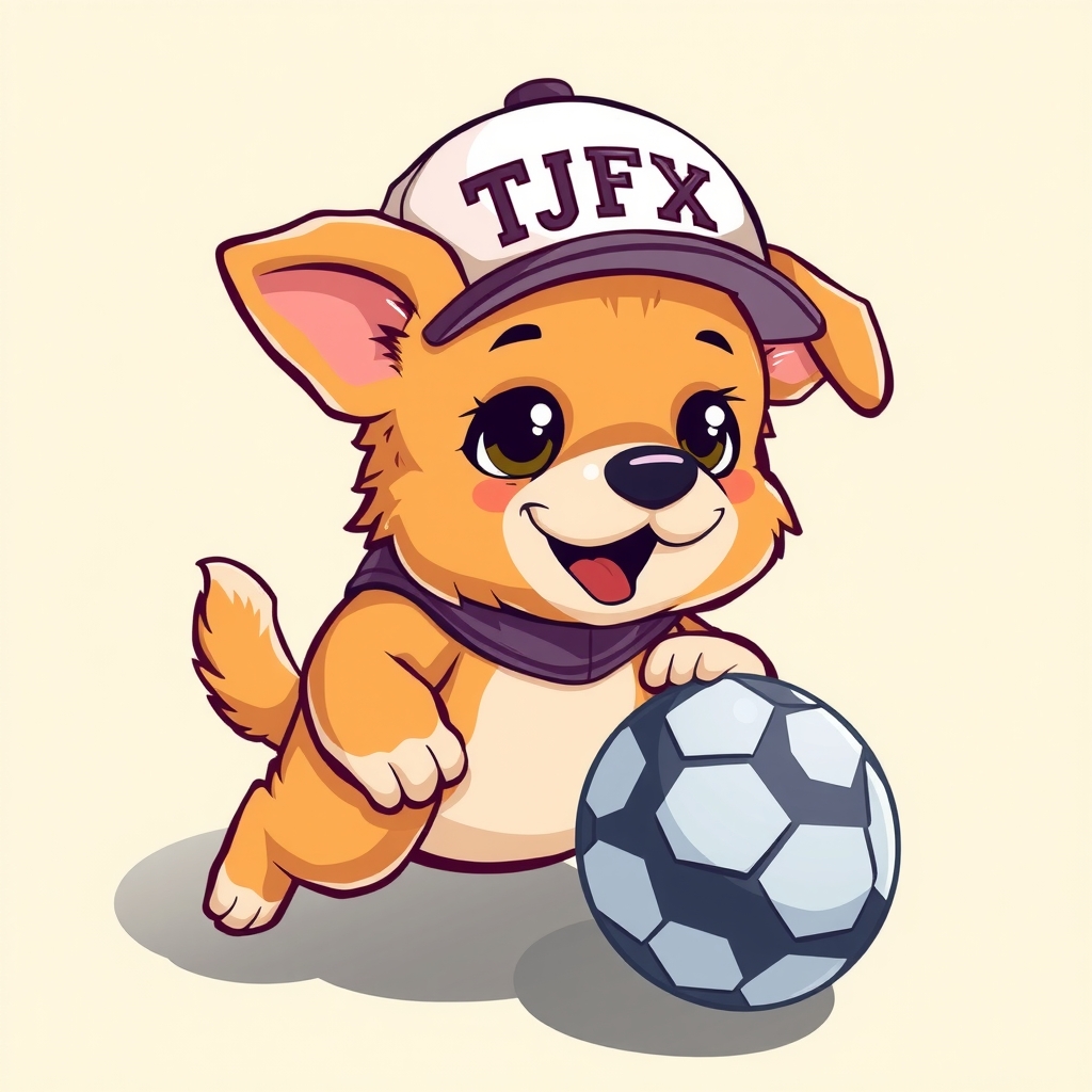 cute puppy kicking soccer ball wearing hat with tjfx by मुफ्त एआई छवि जनरेटर - बिना लॉगिन के✨ | AIGAZOU