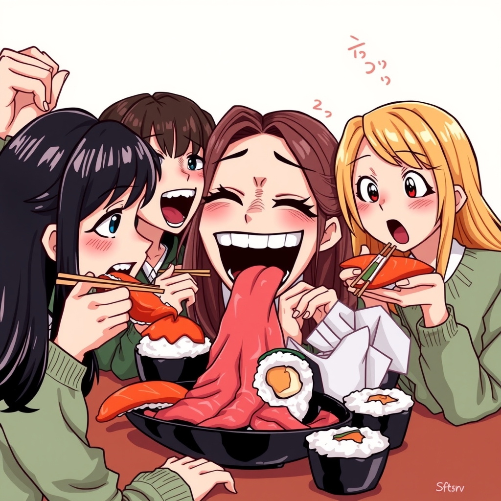 dark haired girls and a blonde girl eating sushi hilarious by मुफ्त एआई छवि जनरेटर - बिना लॉगिन के✨ | AIGAZOU