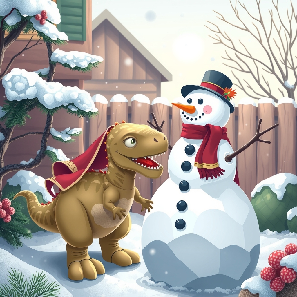 a snowman in the garden and a 3d dinosaur by मुफ्त एआई छवि जनरेटर - बिना लॉगिन के✨ | AIGAZOU