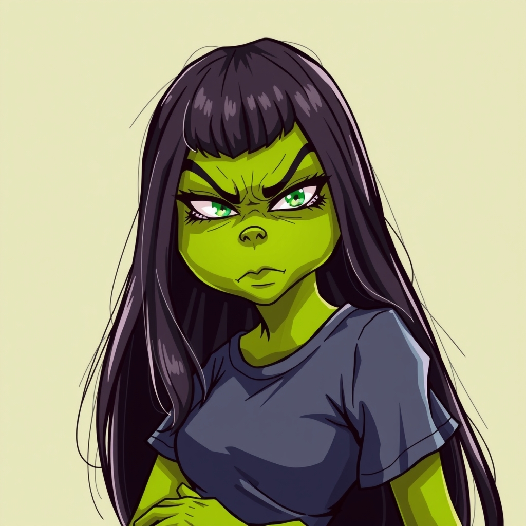 a beautiful female grinch with bored face and long black straight hair wearing a rock t shirt by मुफ्त एआई छवि जनरेटर - बिना लॉगिन के✨ | AIGAZOU