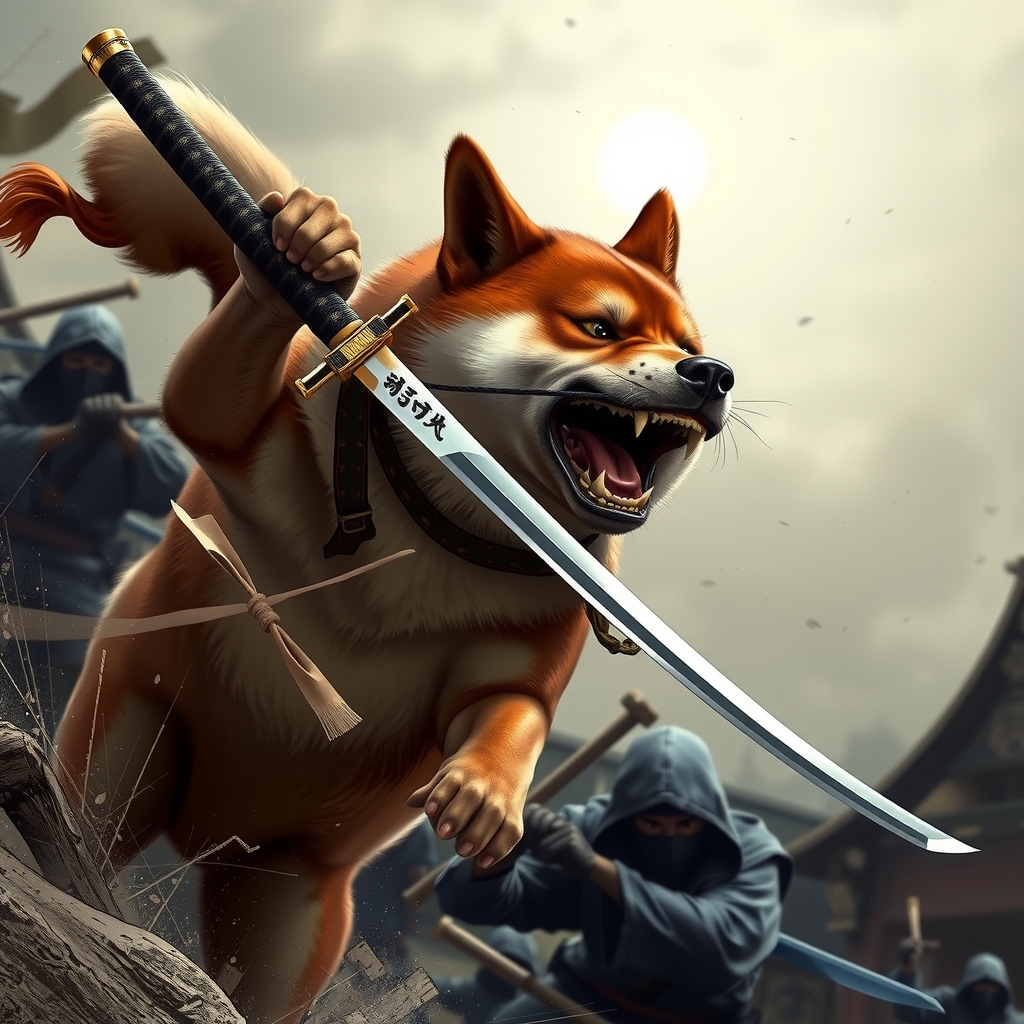 realistic photograph black shiba inu fighting ninjas with japanese sword by Générateur d'images par IA gratuit - Aucune connexion nécessaire✨ | AIGAZOU