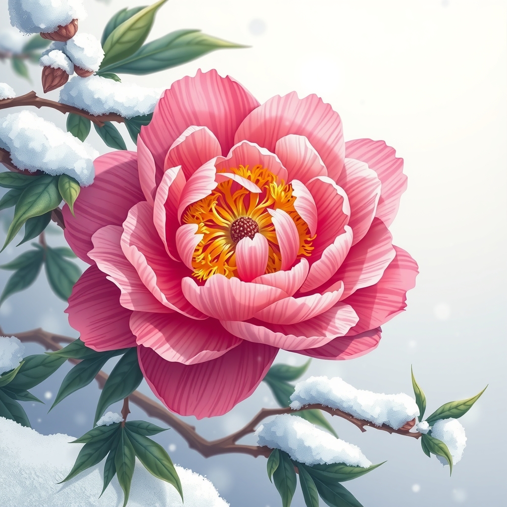 a peony blooming on snow by मुफ्त एआई छवि जनरेटर - बिना लॉगिन के✨ | AIGAZOU