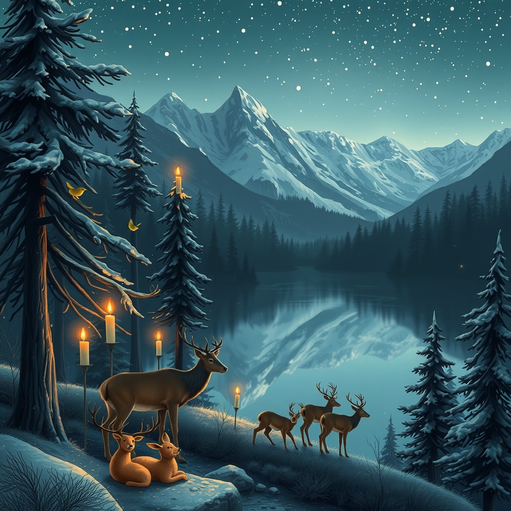 forrest lake mountains deers birds stars winter xmas candles trees by मुफ्त एआई छवि जनरेटर - बिना लॉगिन के✨ | AIGAZOU