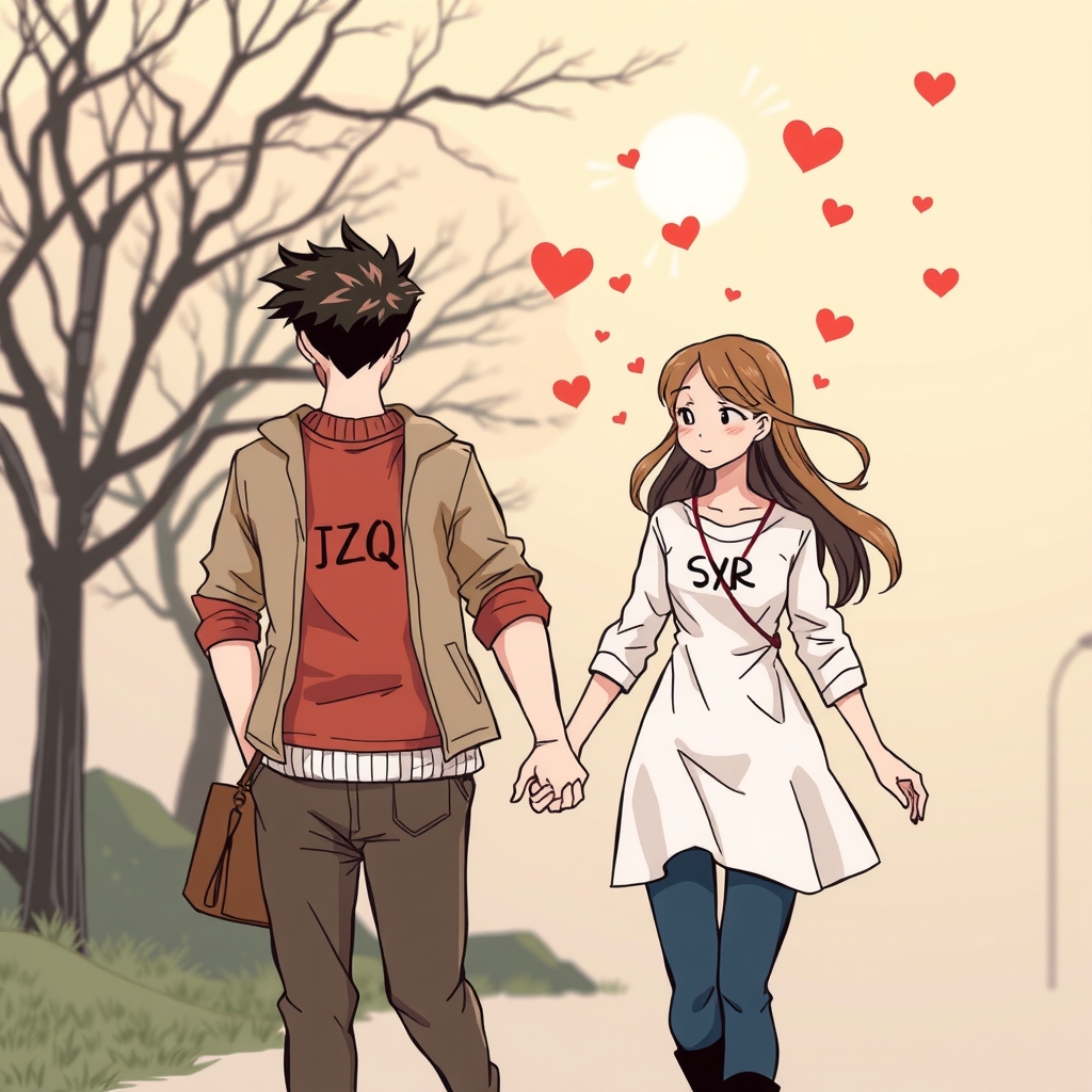 a couple holding hands romantic setting male labeled jzq female labeled sxr comic style by मुफ्त एआई छवि जनरेटर - बिना लॉगिन के✨ | AIGAZOU