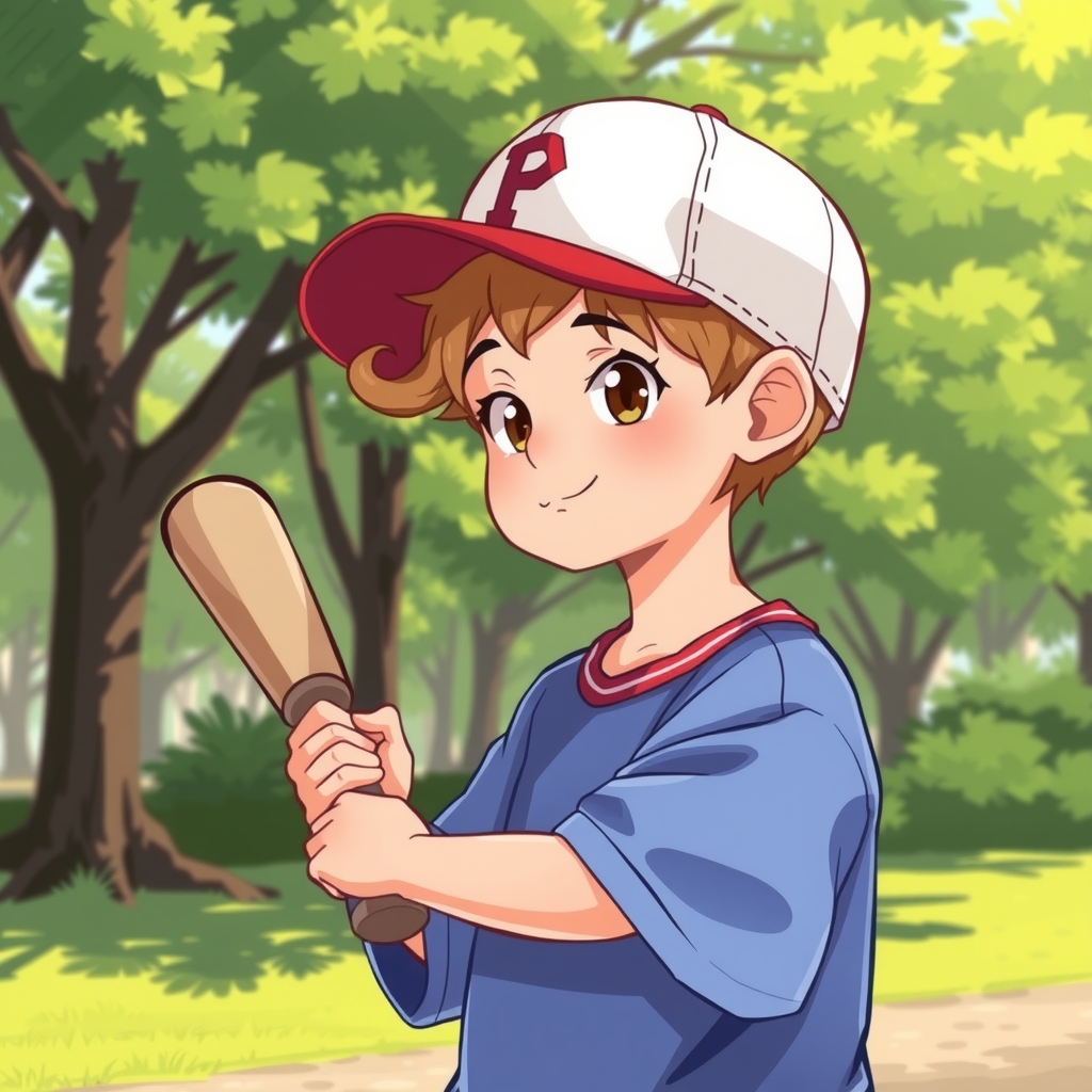 a boy wearing a baseball cap holding a bat standing in the park by मुफ्त एआई छवि जनरेटर - बिना लॉगिन के✨ | AIGAZOU