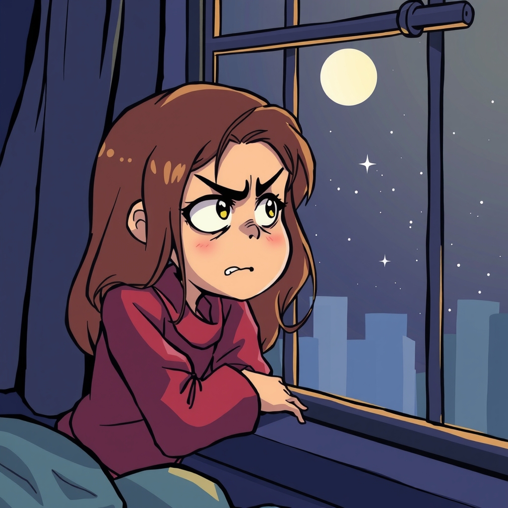 girl looks out window sullen and angry at night by मुफ्त एआई छवि जनरेटर - बिना लॉगिन के✨ | AIGAZOU