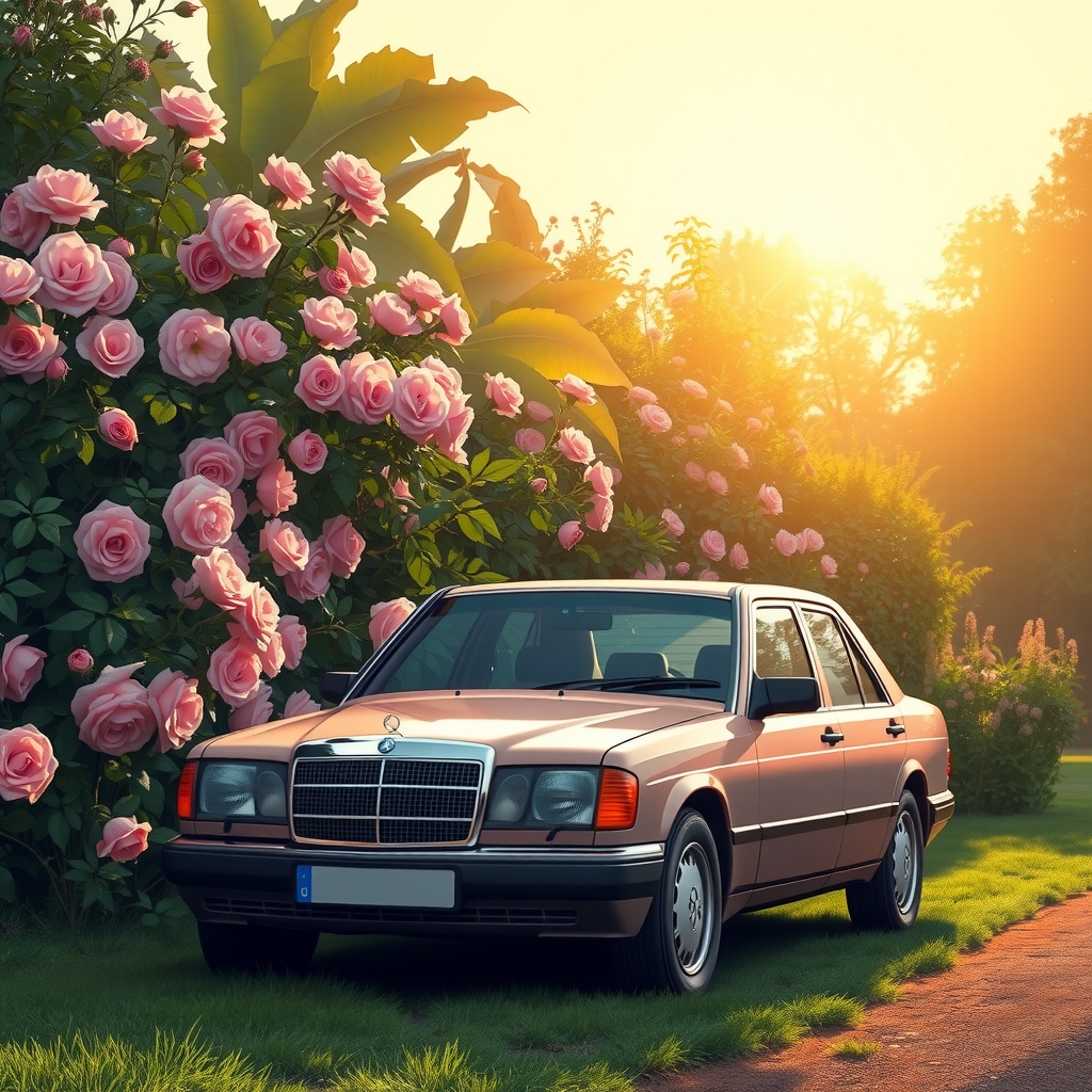 a mercedes w124 230e in a rose garden early morning by मुफ्त एआई छवि जनरेटर - बिना लॉगिन के✨ | AIGAZOU