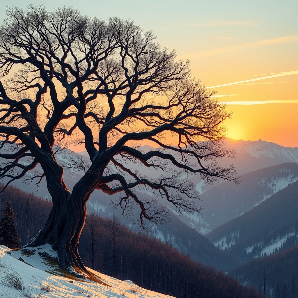 landscape winter sunset mountains big old tree by मुफ्त एआई छवि जनरेटर - बिना लॉगिन के✨ | AIGAZOU