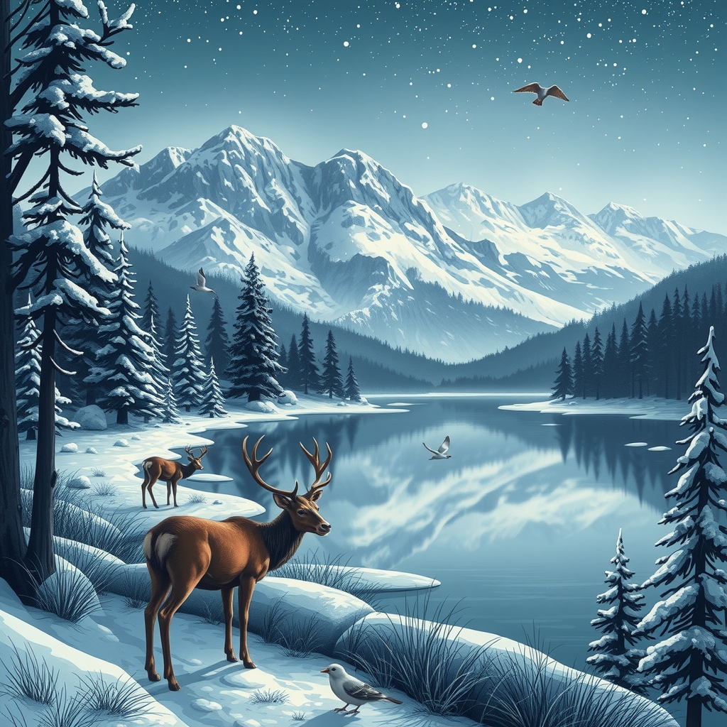 forrest with a lake in the mountains deers small birds stars winter trees by Générateur d'images par IA gratuit - Aucune connexion nécessaire✨ | AIGAZOU