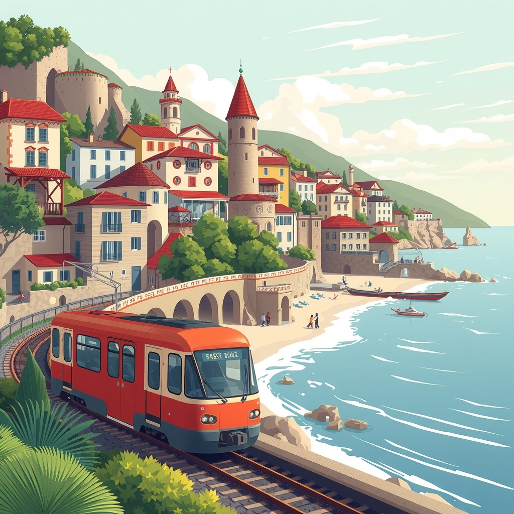 european cities landscapes beaches train voucher by मुफ्त एआई छवि जनरेटर - बिना लॉगिन के✨ | AIGAZOU