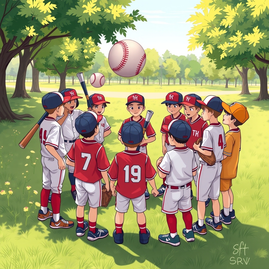 boys with baseball gear gather in circle in park by 免费AI图像生成工具 | AIGAZOU