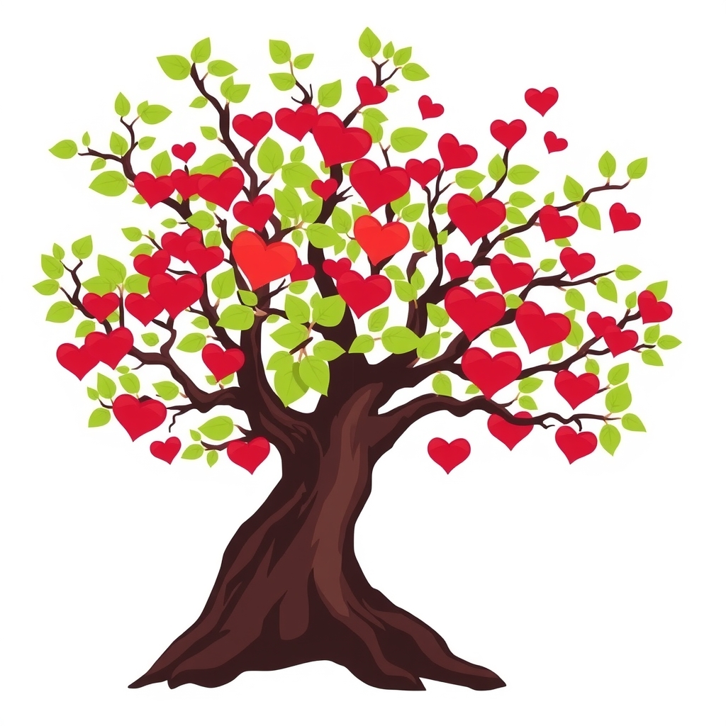 dark brown tree trunk branches green leaves red heart leaves white background by मुफ्त एआई छवि जनरेटर - बिना लॉगिन के✨ | AIGAZOU