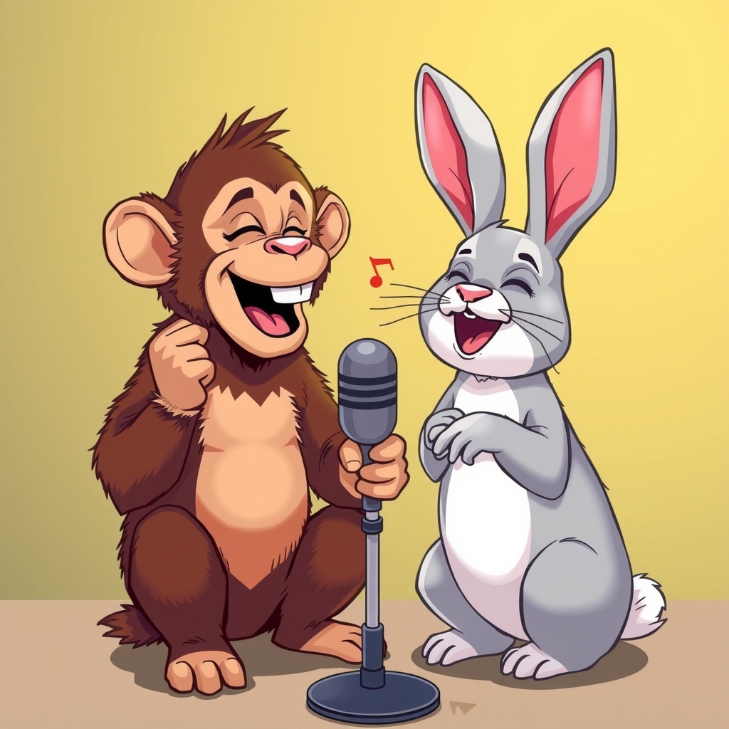 monkeys and rabbits singing in front of a microphone by मुफ्त एआई छवि जनरेटर - बिना लॉगिन के✨ | AIGAZOU