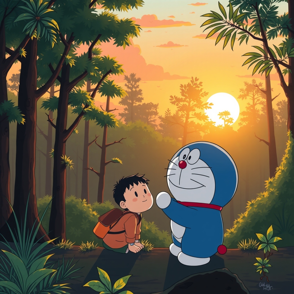 forest sunset doraemon nobita watching together by Générateur d'images par IA gratuit - Aucune connexion nécessaire✨ | AIGAZOU