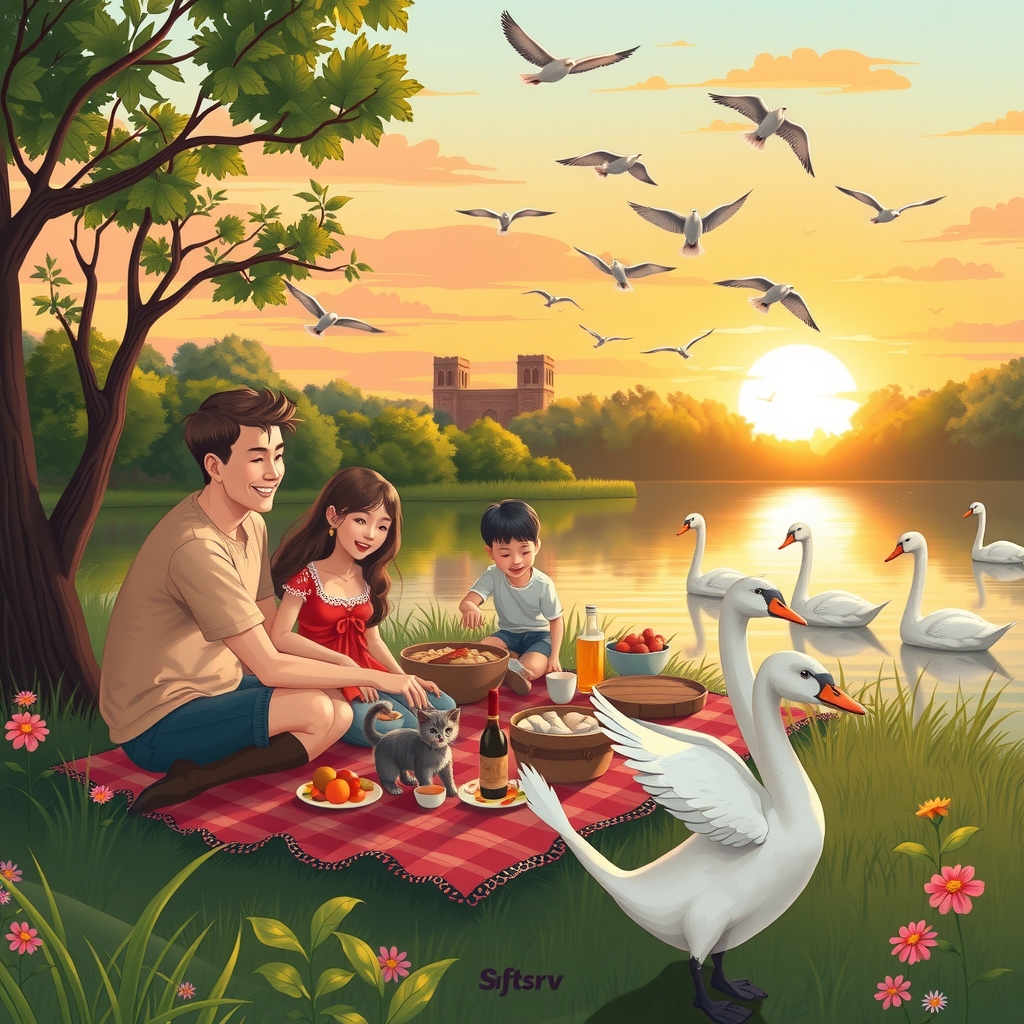 family picnic sunset park lake birds swans by मुफ्त एआई छवि जनरेटर - बिना लॉगिन के✨ | AIGAZOU