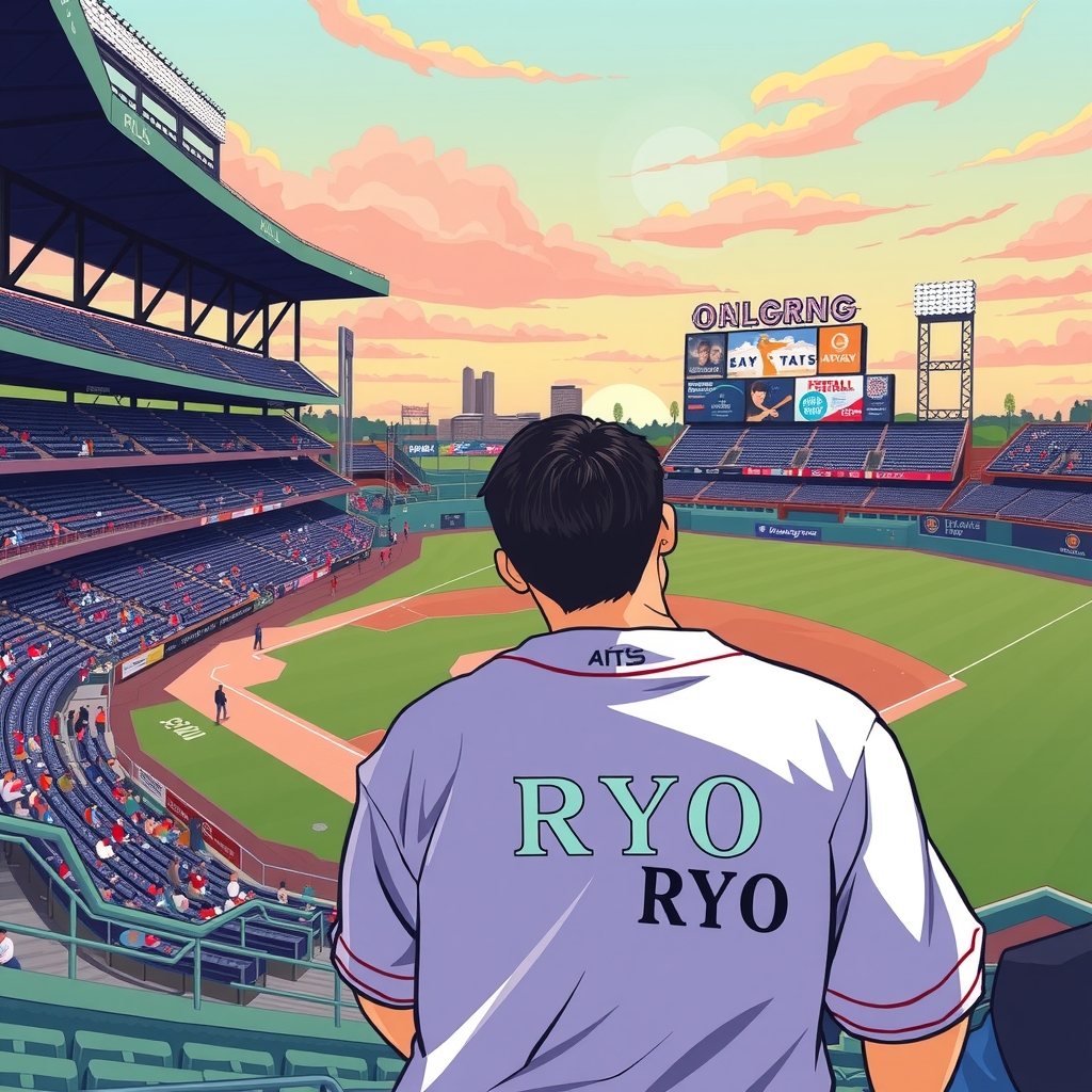 baseball stadium backscreen staring at the stadium with ryo on the back by मुफ्त एआई छवि जनरेटर - बिना लॉगिन के✨ | AIGAZOU