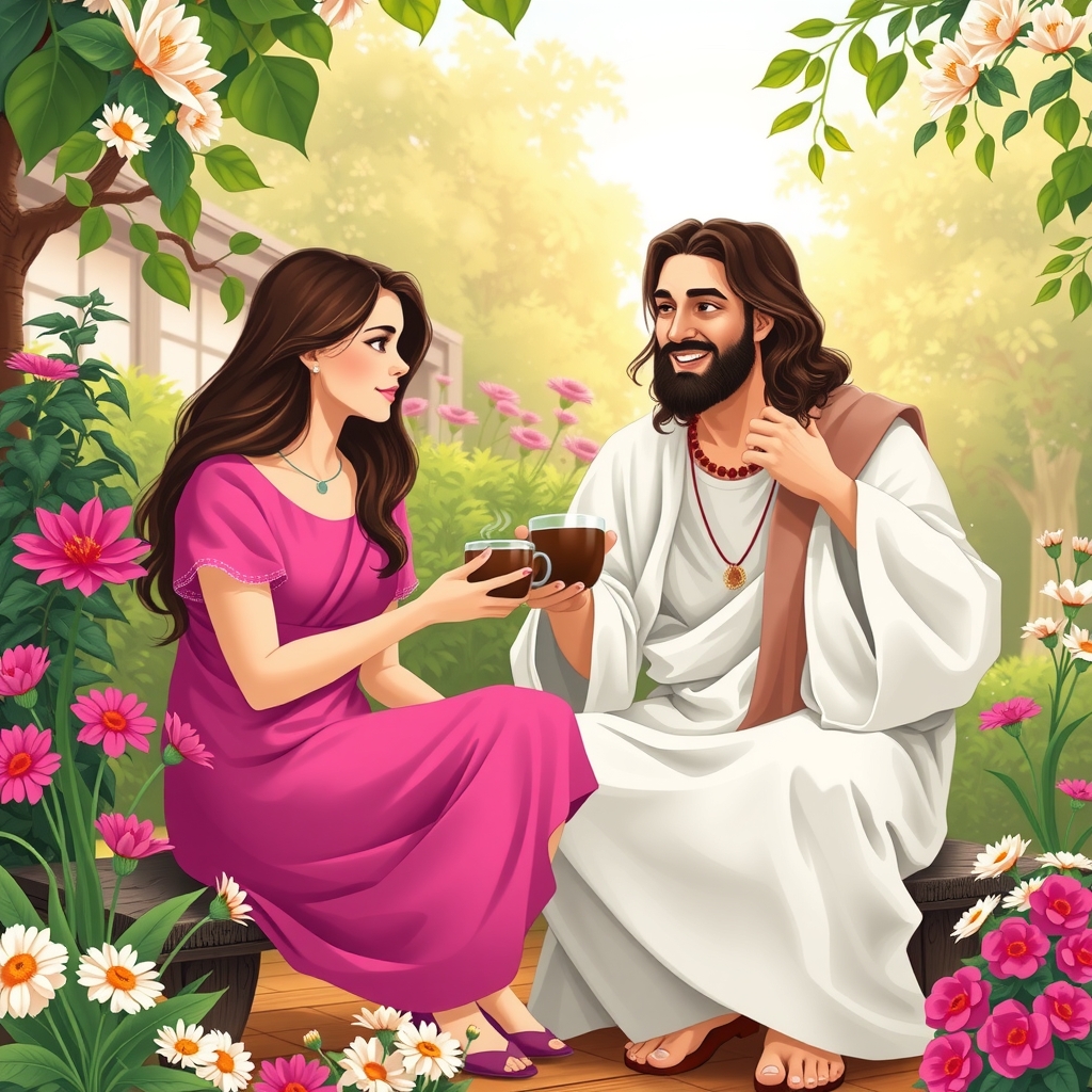 jesus smiling sitting drinking coffee with young woman in garden by मुफ्त एआई छवि जनरेटर - बिना लॉगिन के✨ | AIGAZOU