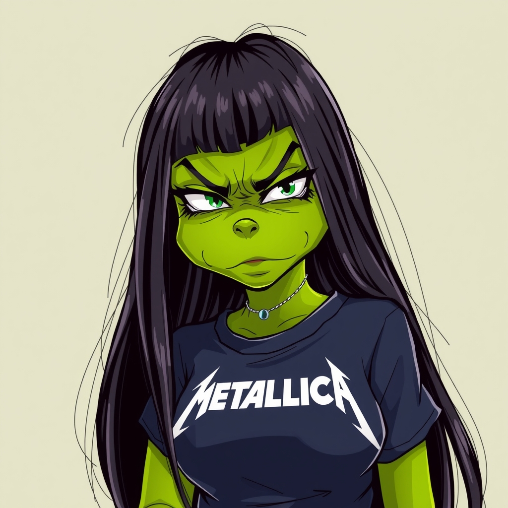 a beautiful female grinch with bored face and long black straight hair wearing a metallica t shirt by मुफ्त एआई छवि जनरेटर - बिना लॉगिन के✨ | AIGAZOU