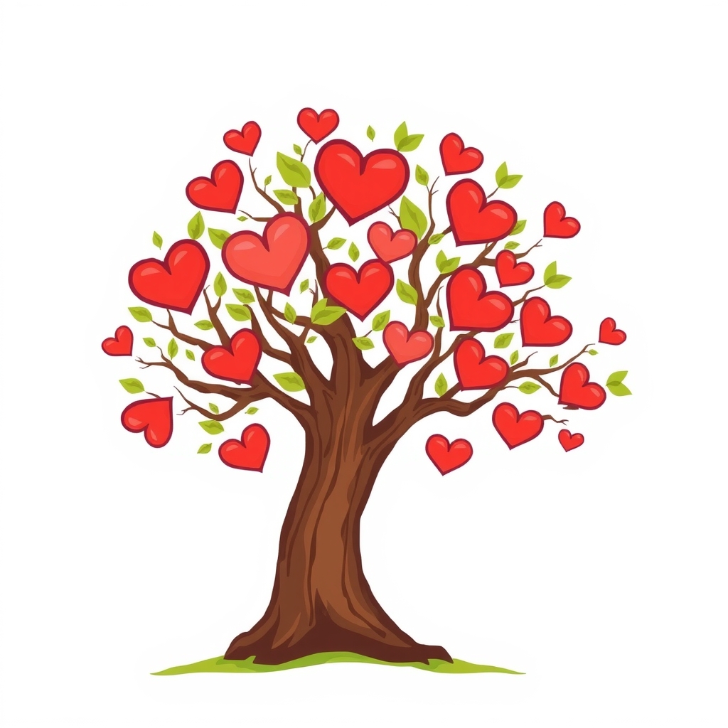 tree with brown trunk green leaves and red heart shaped leaves on white background by मुफ्त एआई छवि जनरेटर - बिना लॉगिन के✨ | AIGAZOU