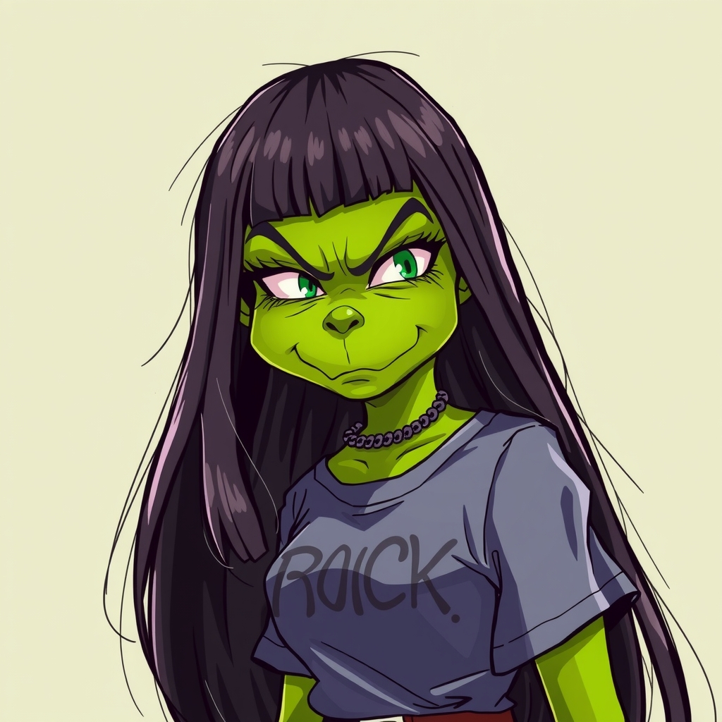 beautiful grinch female bored with long black straight hair wearing rock t shirt by मुफ्त एआई छवि जनरेटर - बिना लॉगिन के✨ | AIGAZOU