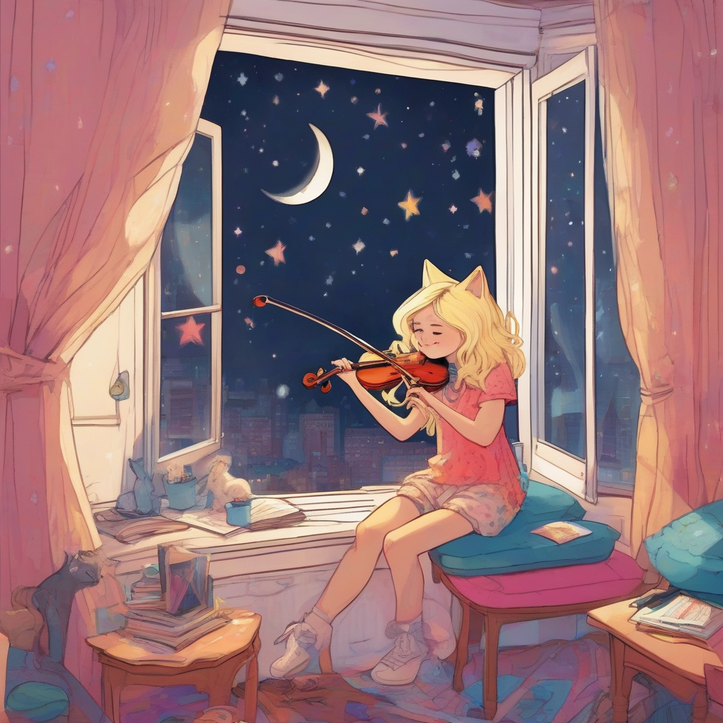 a blonde girl plays violin in colorful room by मुफ्त एआई छवि जनरेटर - बिना लॉगिन के✨ | AIGAZOU