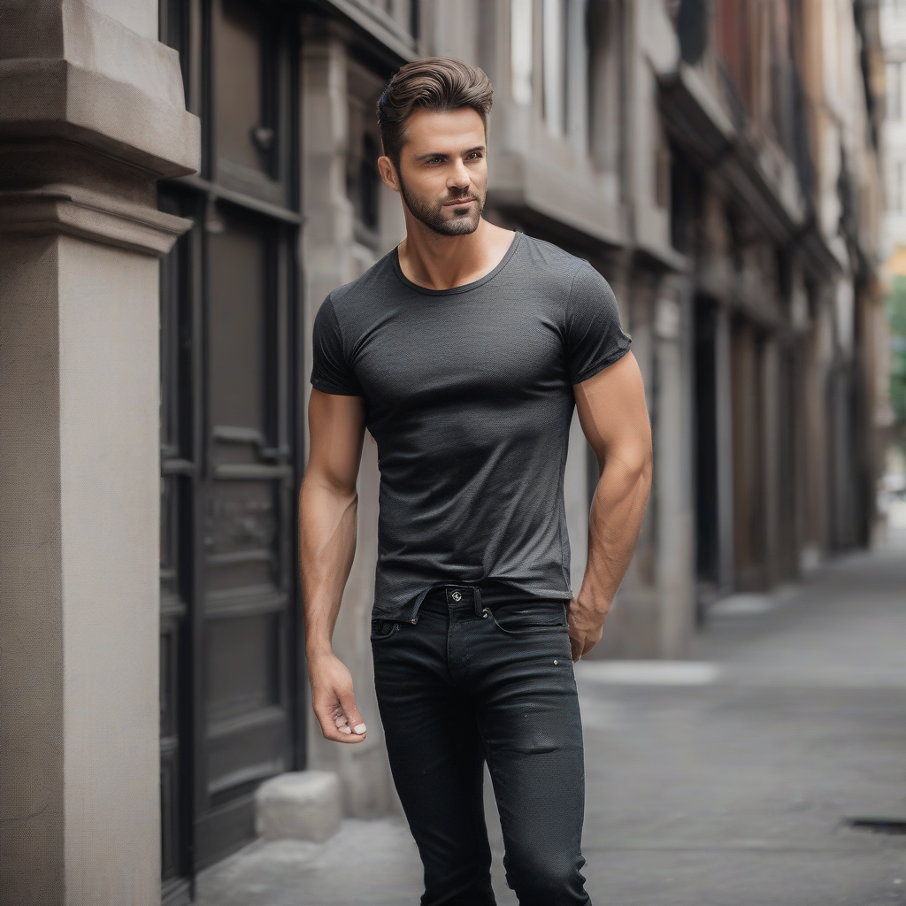 a handsome man stands firm facing the camera wearing black slim fit t shirt jeans by मुफ्त एआई छवि जनरेटर - बिना लॉगिन के✨ | AIGAZOU