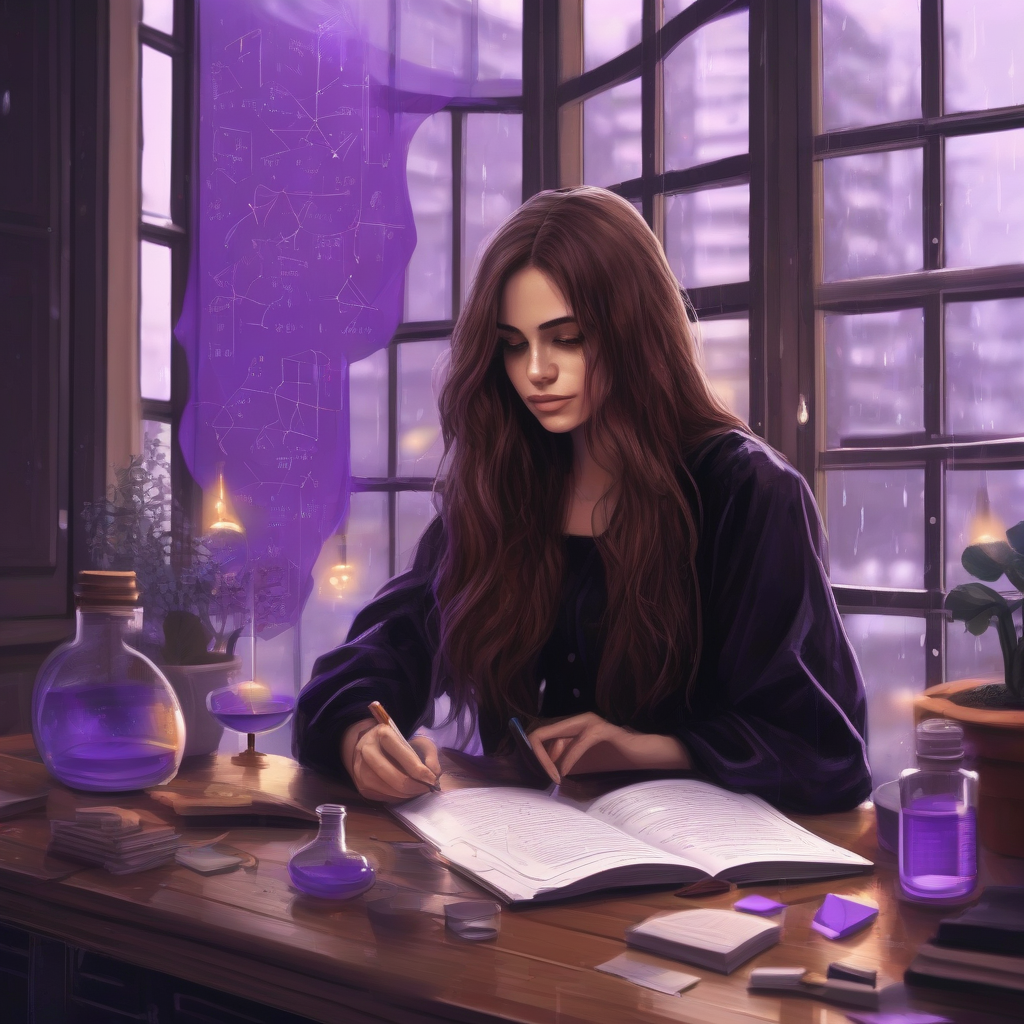 inspirational brown long hair beautiful woman black clothes studying chemistry in front of window rainy day purple by Générateur d'images par IA gratuit - Aucune connexion nécessaire✨ | AIGAZOU