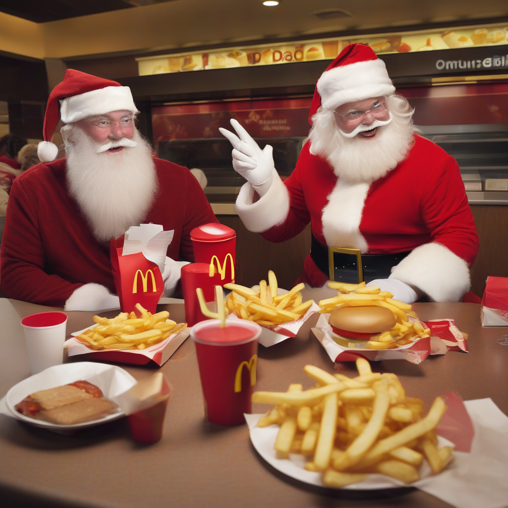 santa claus at mcdonalds with reindeer fries and burger by मुफ्त एआई छवि जनरेटर - बिना लॉगिन के✨ | AIGAZOU