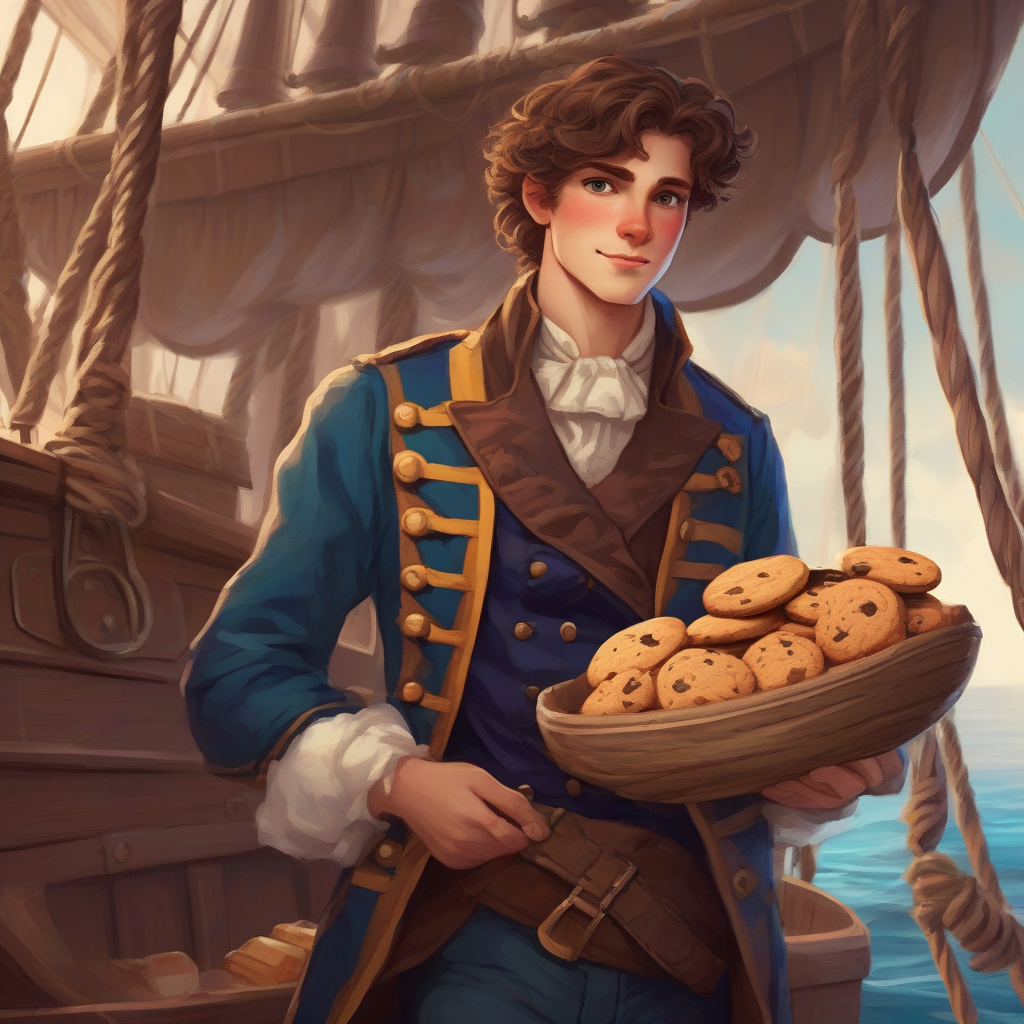 young man in noble colorful clothing with curly brown hair on board an old sailing ship holding cookies by Générateur d'images par IA gratuit - Aucune connexion nécessaire✨ | AIGAZOU