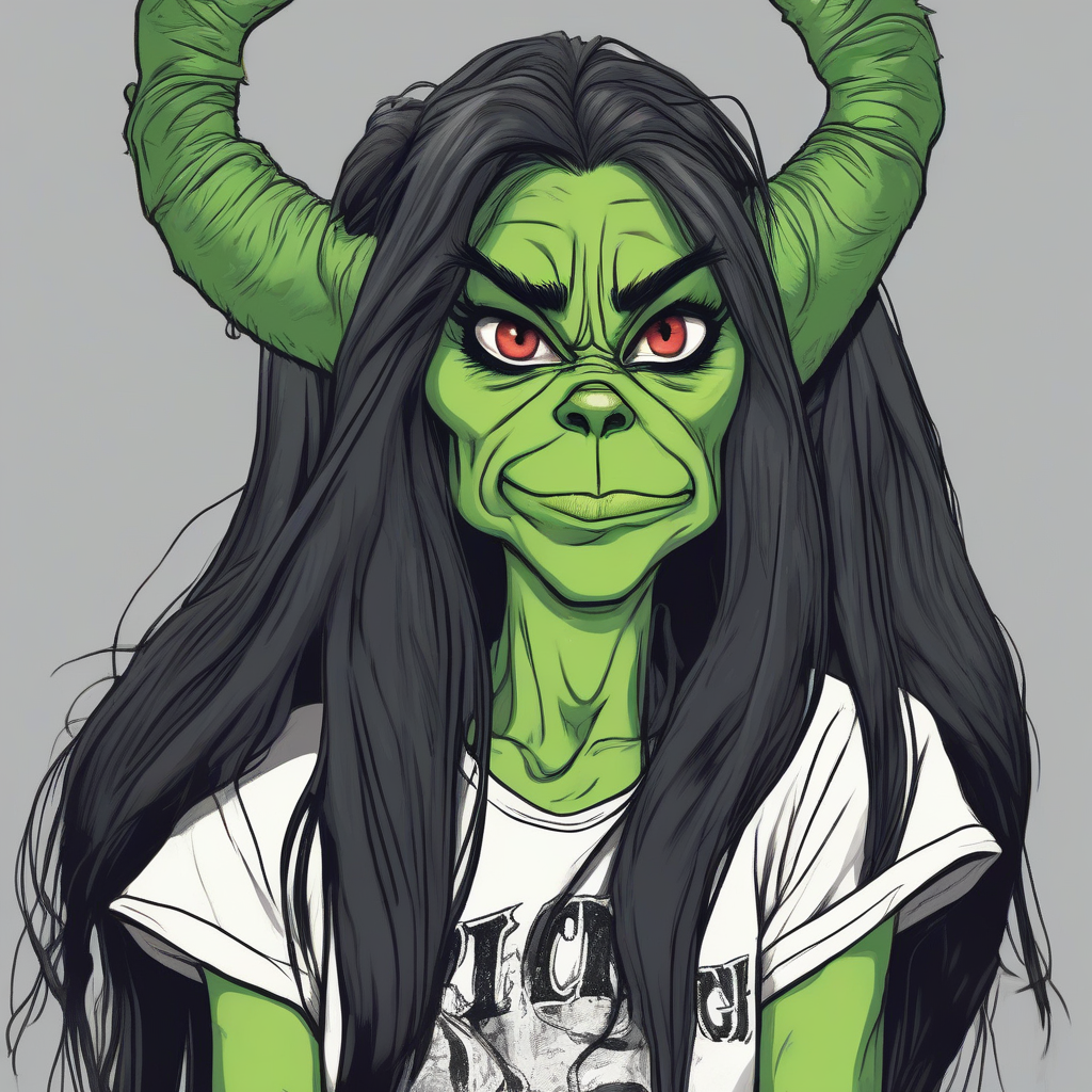 female grinch drawing beautiful angry black straight long hair rock t shirt by मुफ्त एआई छवि जनरेटर - बिना लॉगिन के✨ | AIGAZOU